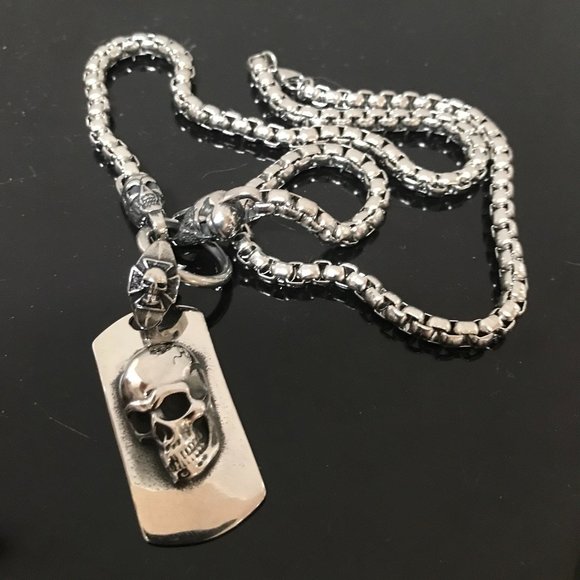 Skull Necklace Pendant Chain Biker Silver Rock Mans Moto Gothic Motorcycle - Picture 3 of 7